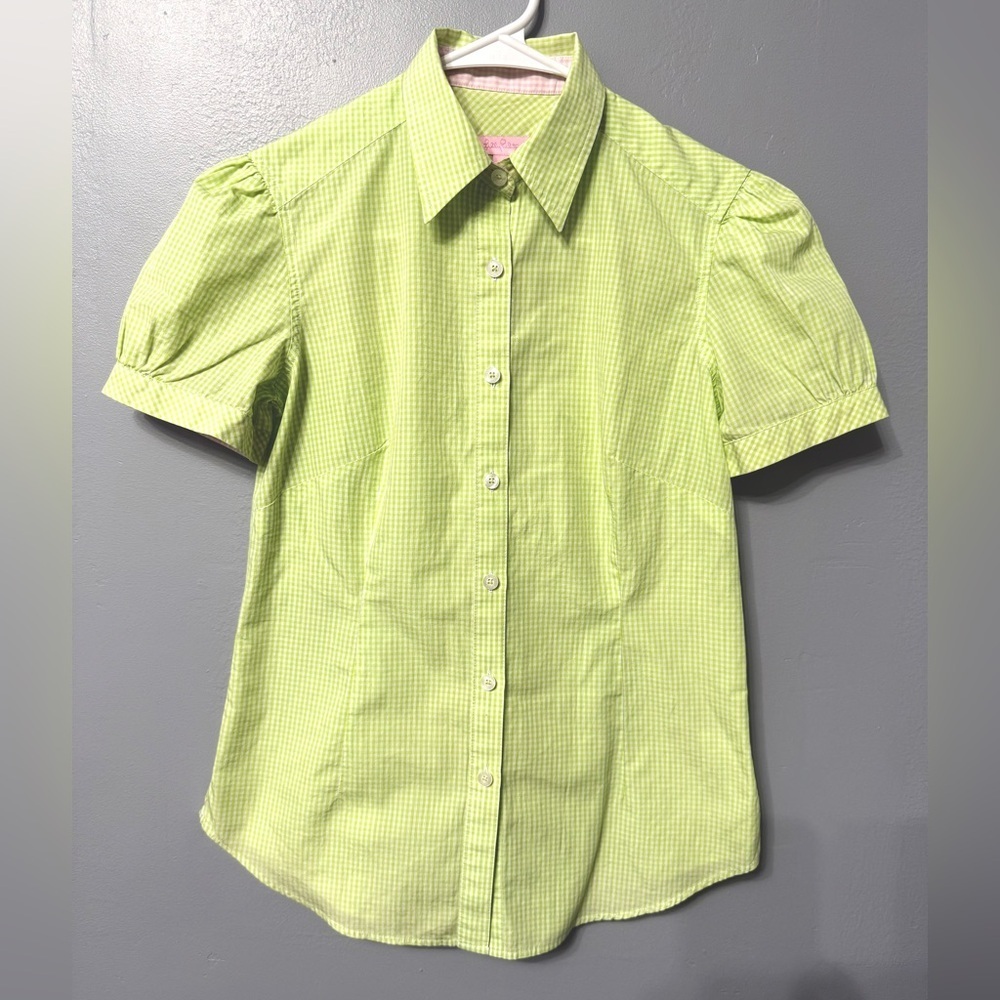 #1) 100% Cotton Lilly Pulitzer Lime Green and white Gingham Shirt